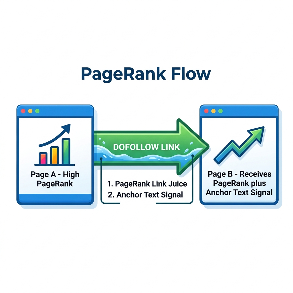 Diagram dòng chảy PageRank từ trang A sang trang B qua Dofollow Link