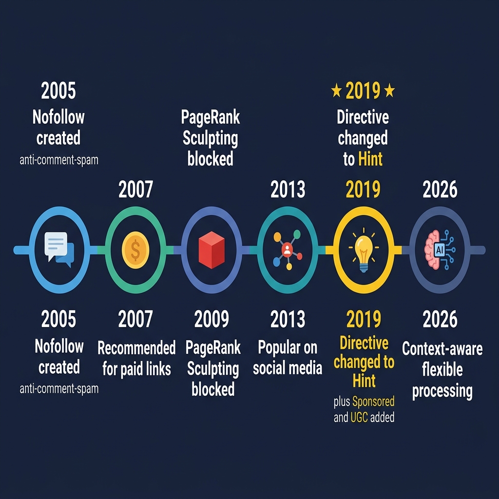 Timeline lịch sử phát triển Nofollow từ 2005 đến 2026
