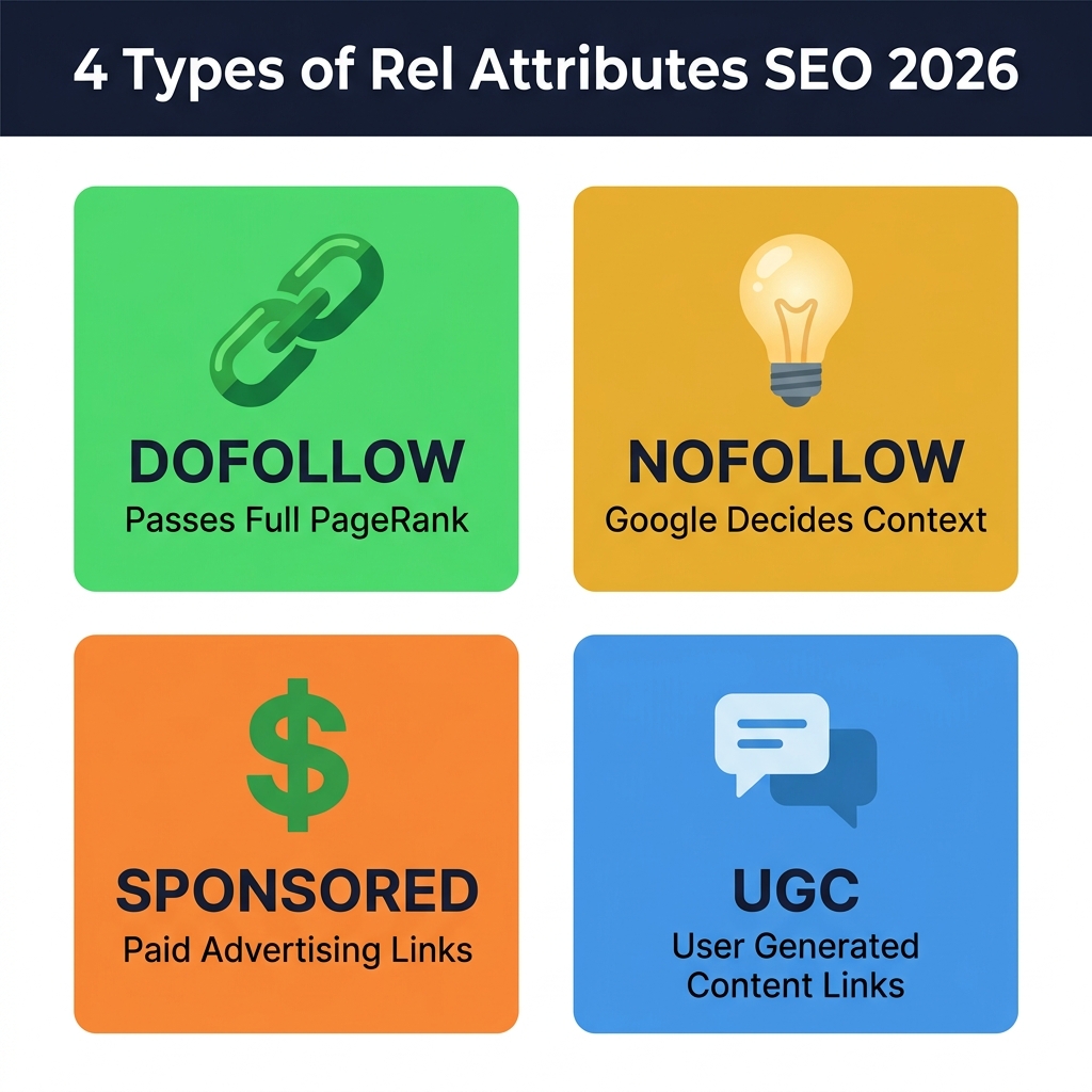 4 loại Rel Attribute trong SEO 2026: Dofollow, Nofollow, Sponsored, UGC